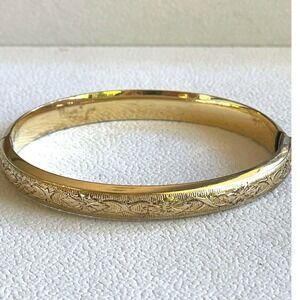 Vintage MARATHON 12K Gold Filled GF Engraved Floral Hinged Bangle Bracelet